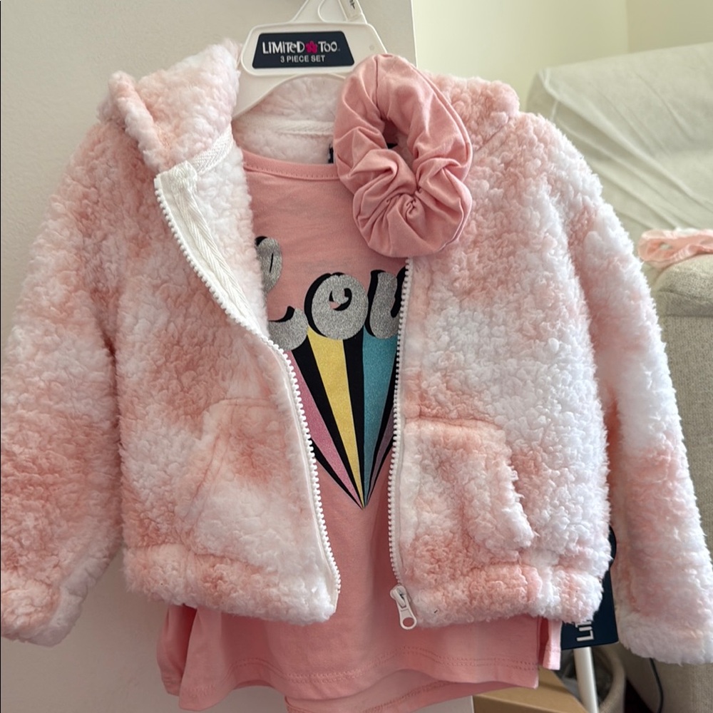 Pink and White Fuzzy Jacket with Graphic Tee